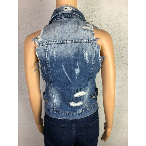 Vintage Havanna Distressed Sleeveless Denim Vest Jacket Style Hood Size S - Picture 4 of 10